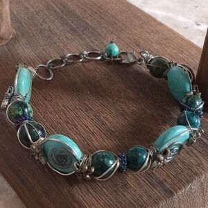 Handmade Wire Wrapped Beaded Bracelet Blue And Silver Size 5.5 - 7
